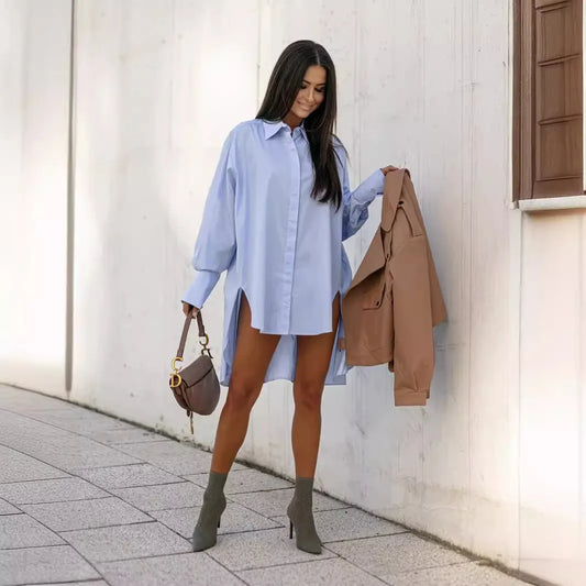 Single Breasted Solid Shirt/Turn Down Collar Cardigan/Loose Spliced Shirts/ Pockets High Street Autumn.