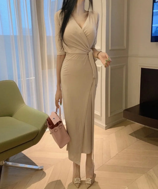 Slimming V-Neck Belted Maxi Dress.