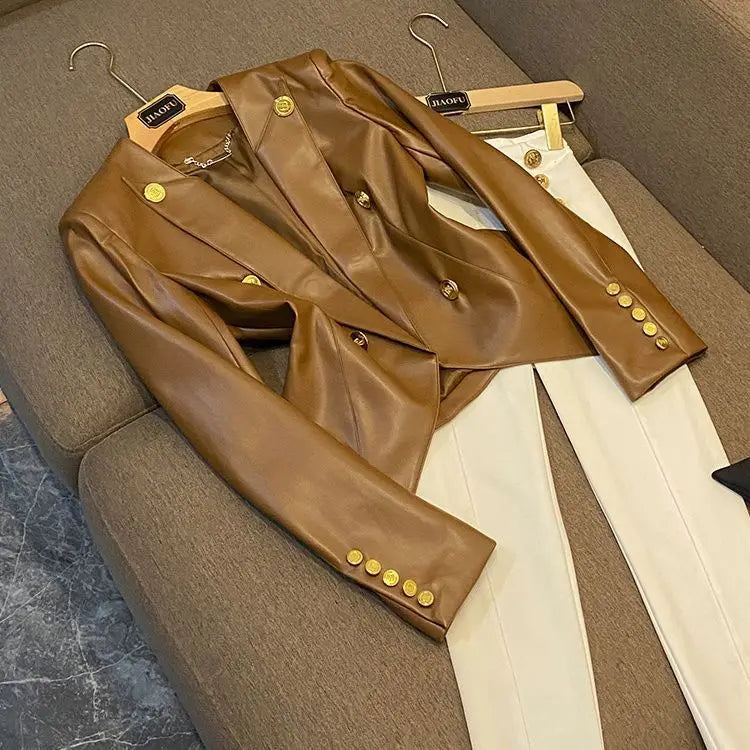 Luxury Faux Leather Tailored Blazer with Gold Buttons | Women’s Structured Vegan Leather Jacket