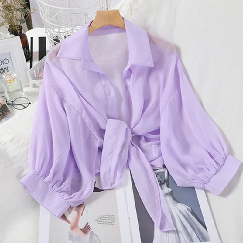 Chiffon Button Down Sleeves/Casual Loose Hollow White Clothes/Elegant Solid Color Tied Waist Blouse/Women Half Sleeve Button Chiffon Shirt.
