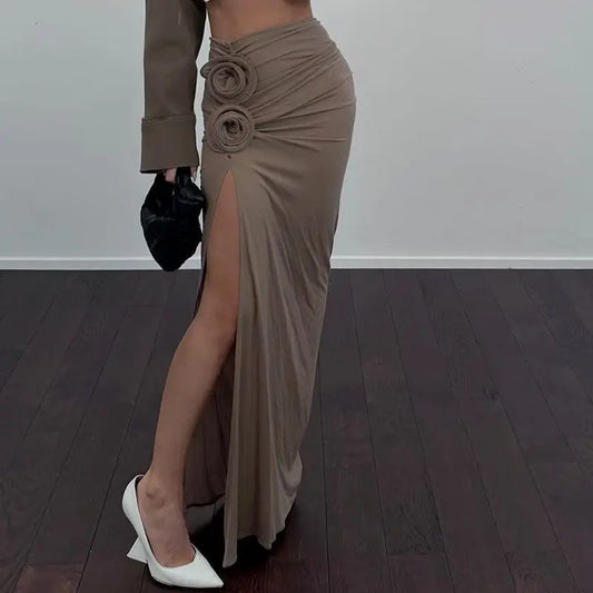 Fashionable Bow Slit Skirt/Unique Rose Decorated Skirt/Long Length/Slightly Transparent Slit Skirt.