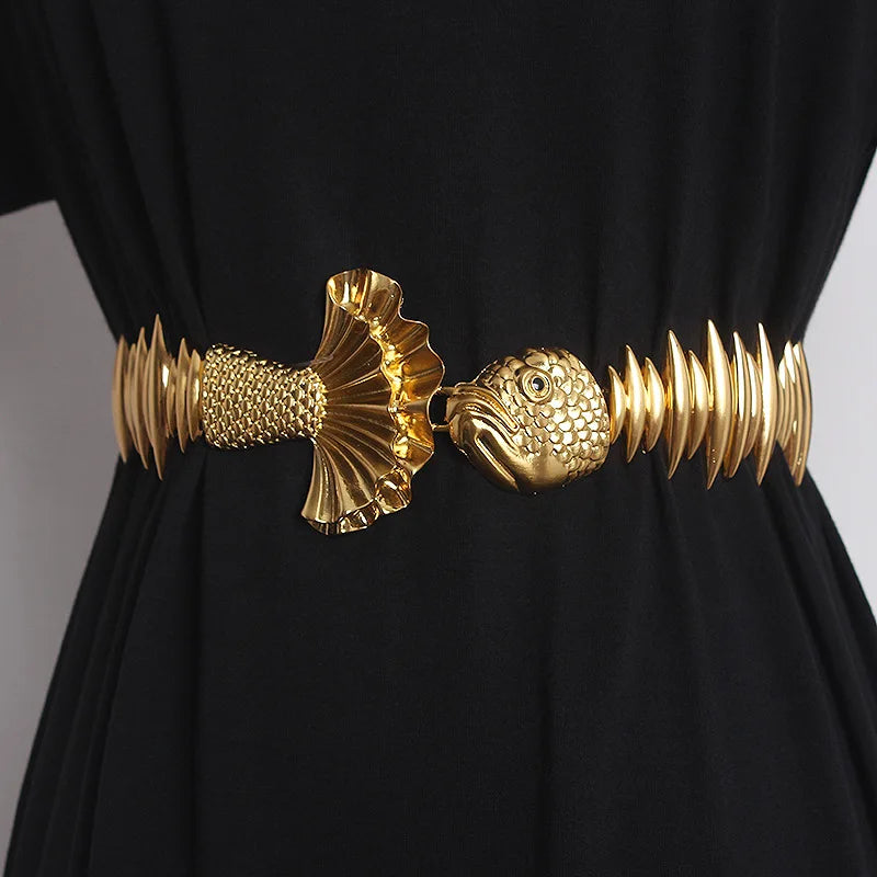 New Luxury Designer Belts For Women/High Quality Brand/Female Elastic Gold Belt’s/Ladies Waist Fish Metal Dress Waistband.