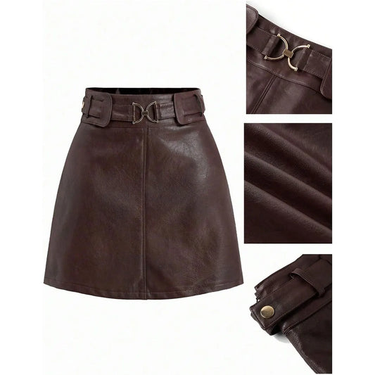 Women’s Belted Faux Leather A-Line Mini Skirt