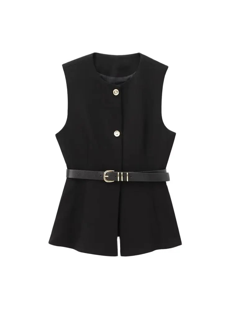 Commense Button Detail/TRZA-Women's Long Waistcoat with Belt, Front Gold Button/Fashion. Women Fashion Vintage Vest/Sleeveless Front Button Female Vest Tops With Belt