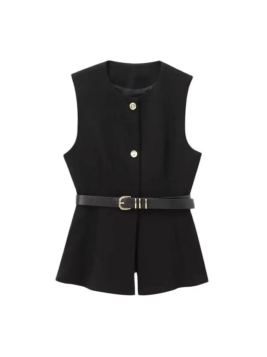 Commense Button Detail/TRZA-Women's Long Waistcoat with Belt, Front Gold Button/Fashion. Women Fashion Vintage Vest/Sleeveless Front Button Female Vest Tops With Belt