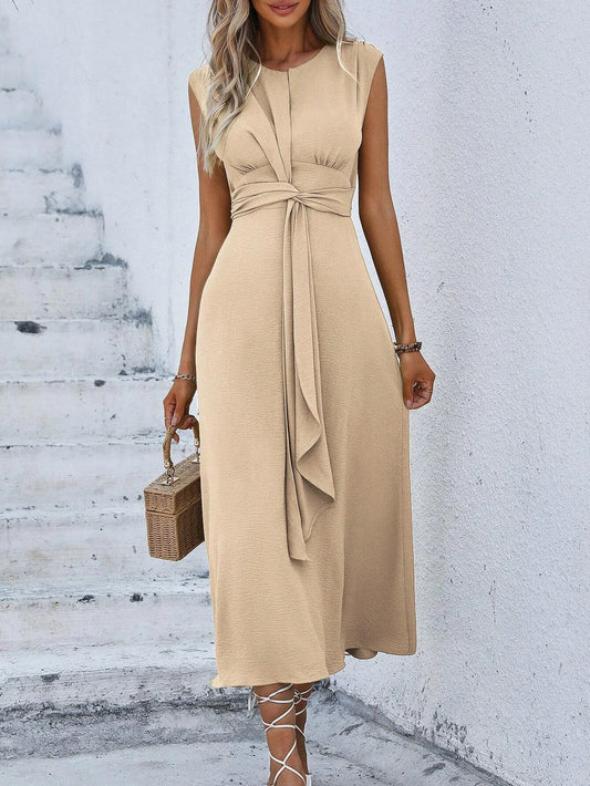 Elegant Sleeveless Waist Tie Midi Dress for Women – Romantic Vacation A-Line Summer Dress | Casual Chic Date Night Outfit | Modern Blend Boutique