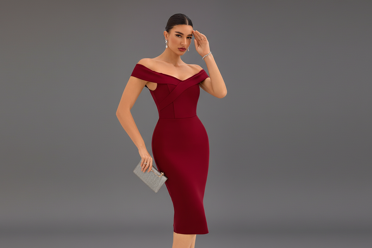 Elegant Off-Shoulder Burgundy Midi Bandage Dress with Criss-Cross Front – Form-Fitting Cocktail Parties Dresses for Women