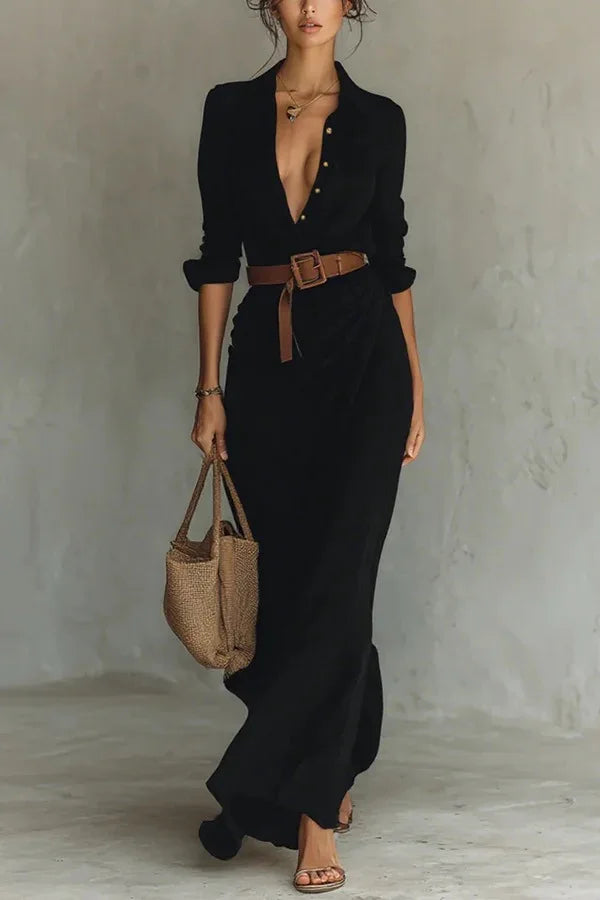 Fashionable Solid Elegant Dress/Lapel Button Draped Dress/Long Dress Casual Long Sleeve Match With Belt Shirt.