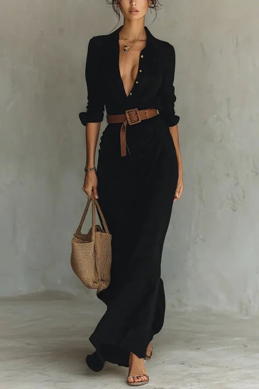 Fashionable Solid Elegant Dress/Lapel Button Draped Dress/Long Dress Casual Long Sleeve Match With Belt Shirt.