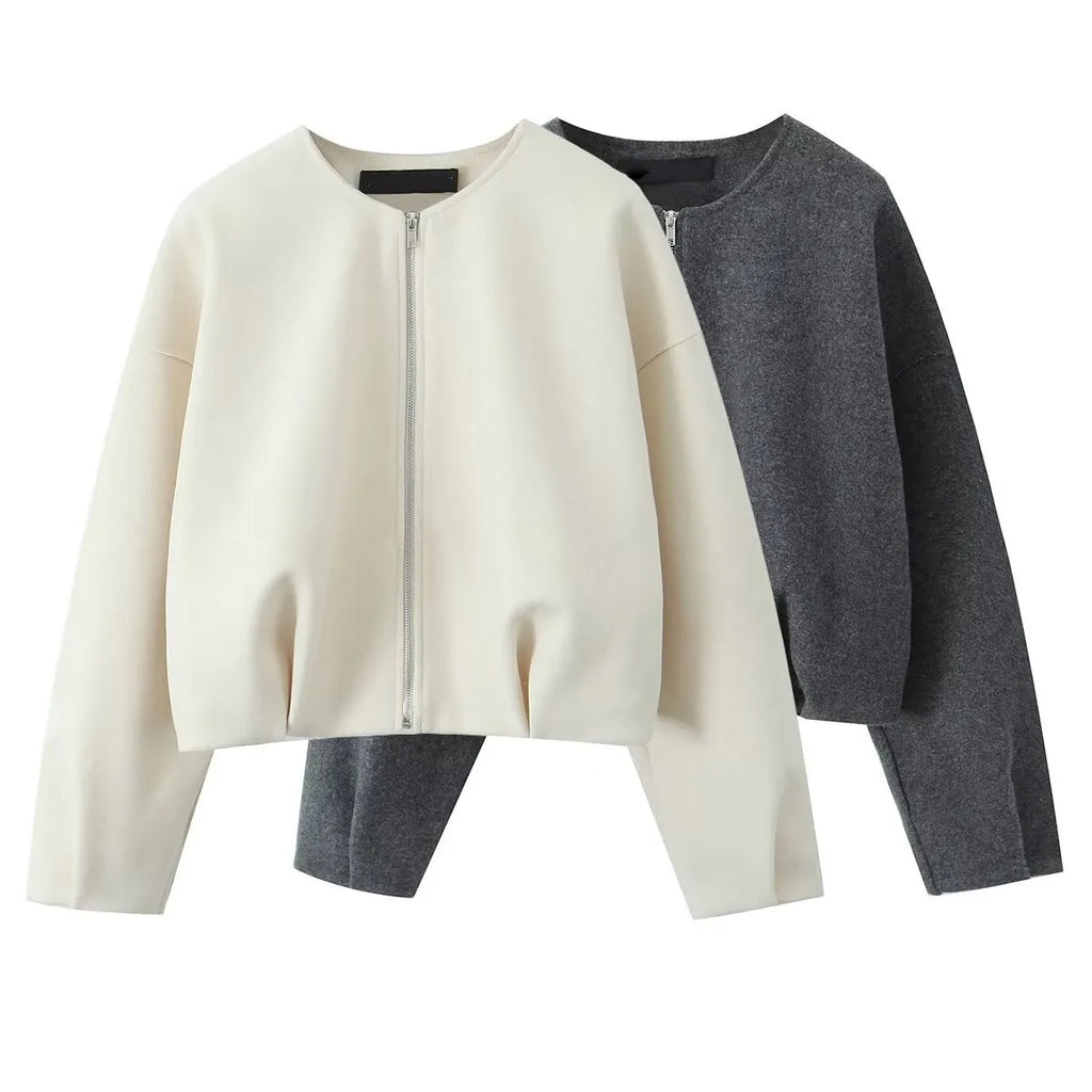 Zip up made Cardigan/ZBZA Blended Bomber Jacket/Round Neck Long Sleeve/Front Zipper Loose Hem Top New Casual Chic Outerwear.