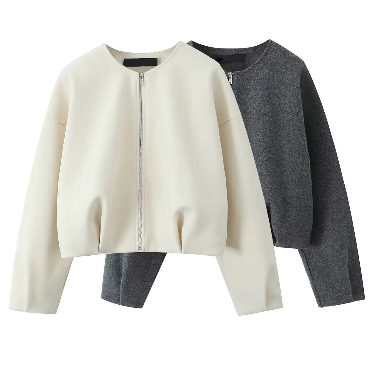 Zip up made Cardigan/ZBZA Blended Bomber Jacket/Round Neck Long Sleeve/Front Zipper Loose Hem Top New Casual Chic Outerwear.