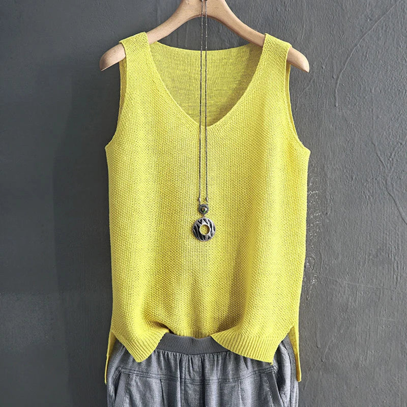 Pullover Women's V-neck Blouse/Thin Knitted Loose Tops/Basic Solid Color Sleeveless/T-shirt For Women Casual Blouses.