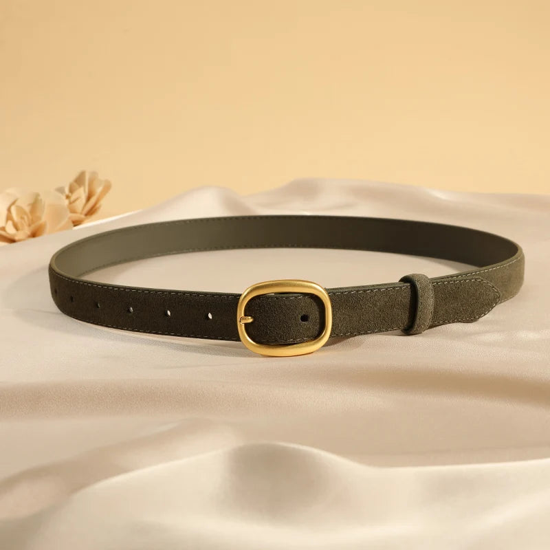 Suede Leather Skinny Fitted Belt/ Slim Waistband/Gold Buckle black Gray Casual Accessory for Jeans Pants & Dresses.
