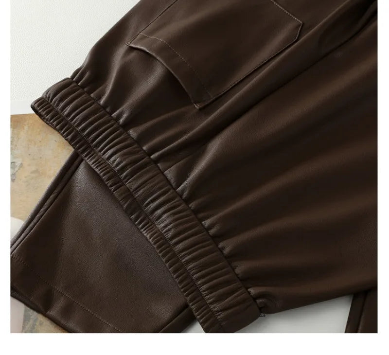 Luxury PU Leather Jogger Pants for Women – High-Waist Elastic Drawstring Wide-Leg Trousers – Comfy Chic Vegan Leather Athleisure Pants
