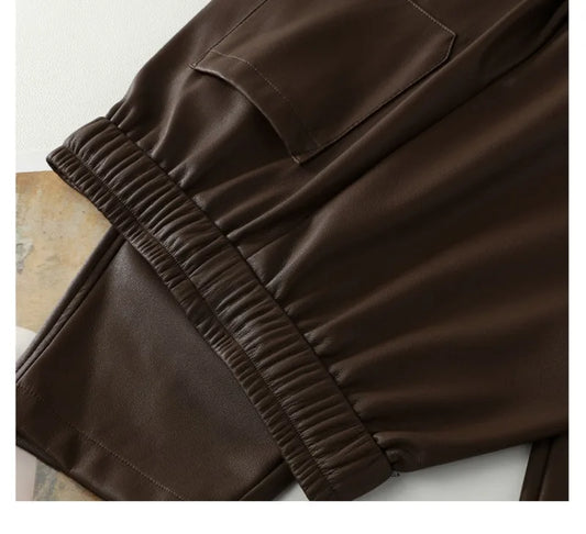 Luxury PU Leather Jogger Pants for Women – High-Waist Elastic Drawstring Wide-Leg Trousers – Comfy Chic Vegan Leather Athleisure Pants
