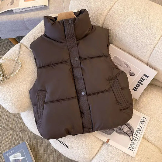 Turn DownCollar/Winter Short Down Cotton Sleeveless Vest Women's/Simple Solid Pockets Coats/Cold Resistant Waistcoat Drawstring Vest.