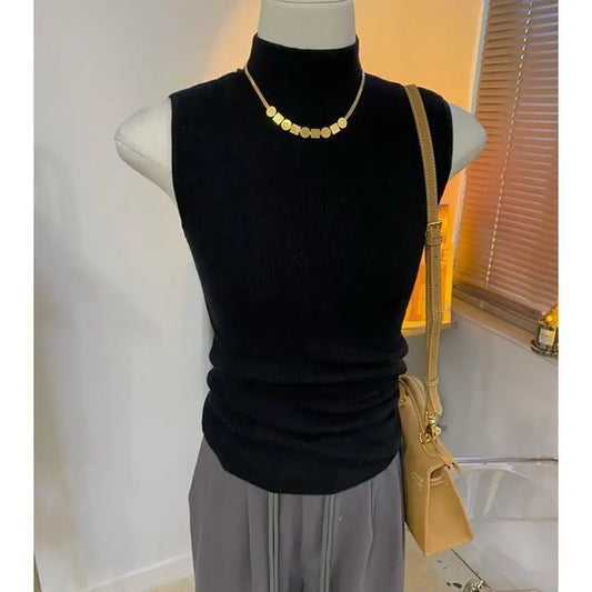 Knitted turtleneck sweater/Women Half High Collar Fashion/Autumn Basic Slim Sleeveless Sweaters/All-match Ulzzang Leisure Knitting. Popular Slightly Stretch.