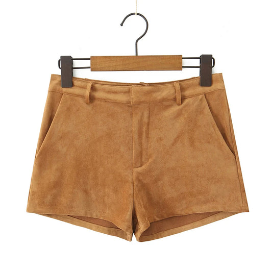 YENKYE Retro Brown Faux Suede Shorts for Women – High-Waist Casual Vintage Short Pants