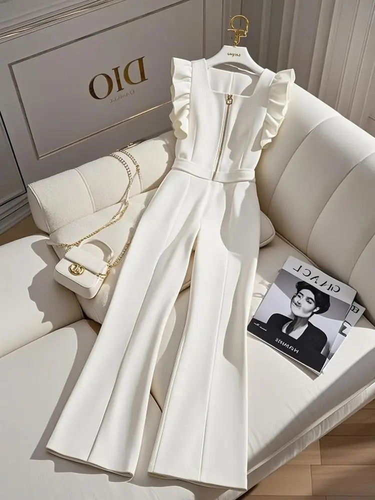 Ruffled Pleated Jumpsuit/Wide Leg Pant’s/High-Quality Drapey/Square Neck Style/White Overalls for Women.