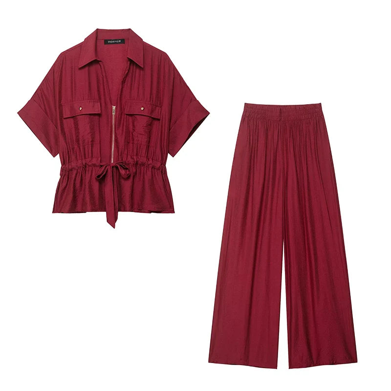 TFMLN Women Wide Leg Pant’s/2 Pieces Set’s/Short Sleeves Zipper Shirt/Straight Elastic Waist Trousers Chic Safari Style.