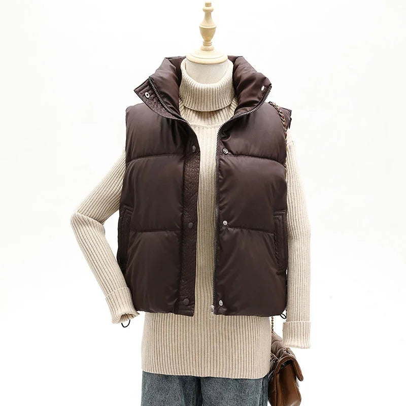 New Autumn Casual Loose Down Cotton Vests Women Stand Collar Short Sleeveless Coats Solid Zipper Waistcoat Winter Warm Vest