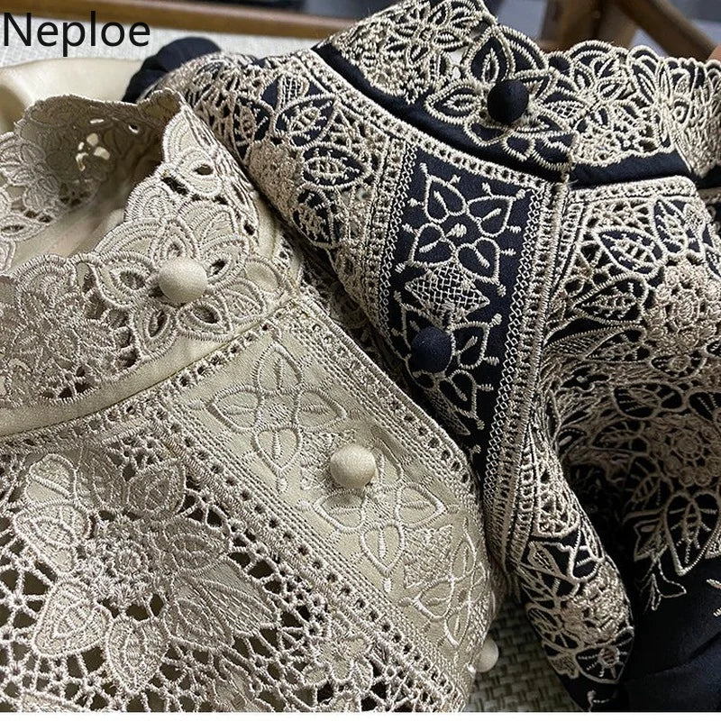 Modern designed vintage blouse/Stand Collar Embroidery Blouse Embraced in Fashion/Long Sleeve fitted, made with polyester material.