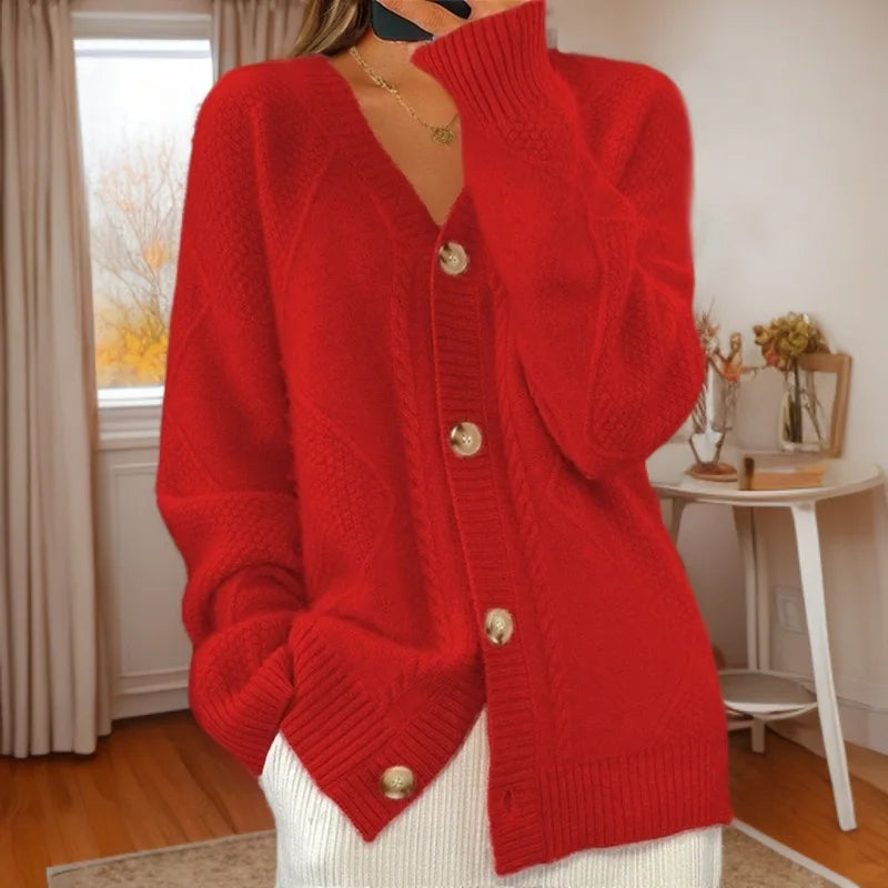 Solid Color Long-Sleeved  V Neck Knitted Cardigan/Breasted Women Top Fashion/Jacquard Sweater Versatile Coat Female.