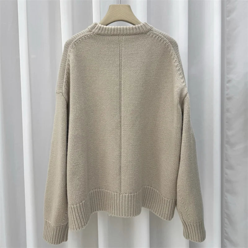 Women's Versatile Crewneck  Cashmere knitted Sweater/Ribbed Neckline/Elastic Cuff Hem/Long Sleeved Woolen Blend Pullover.