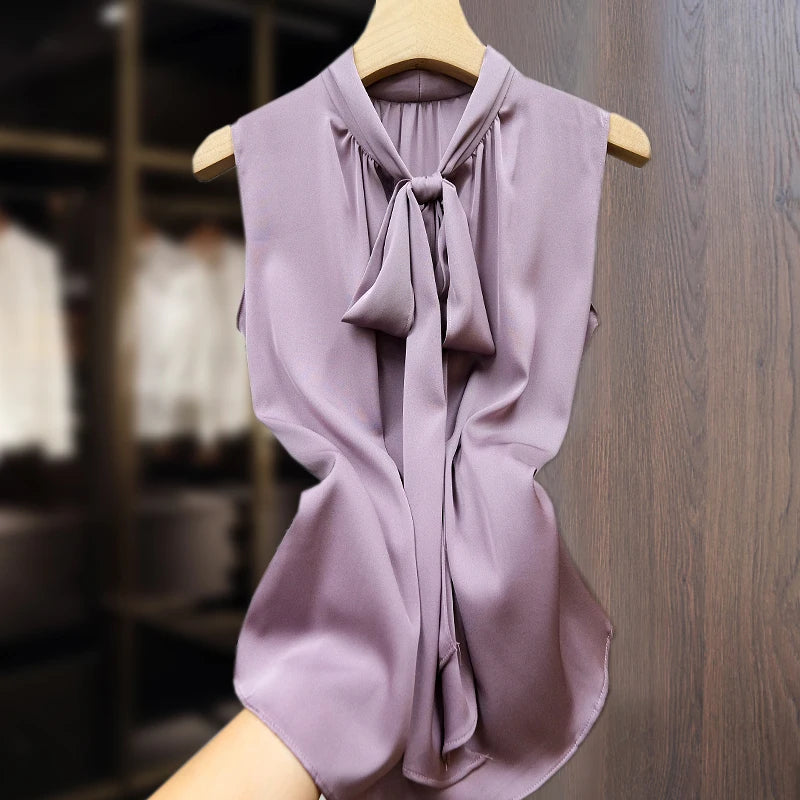 Fashion Ice Silk Top Pink Satin Acetate Blouse/Lace Up Bow Tie/Sexy elegant chiffon blouse.