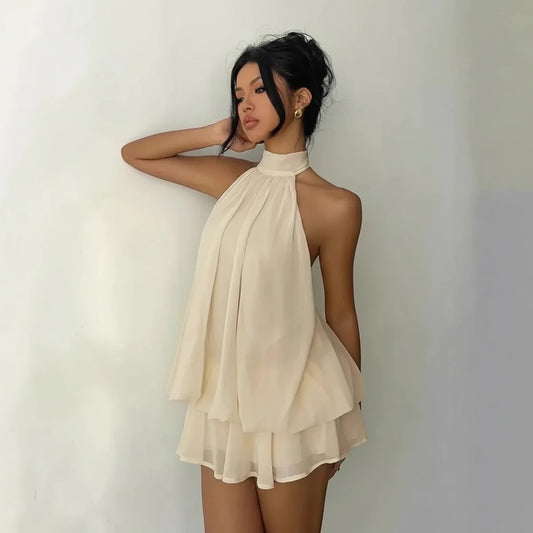 Women's Halter Neck Dress, Backless Tie-Front Chiffon Sheer Mini Skirt, Fashionable Sexy Y2K Vintage Cute Party Birthday Dress