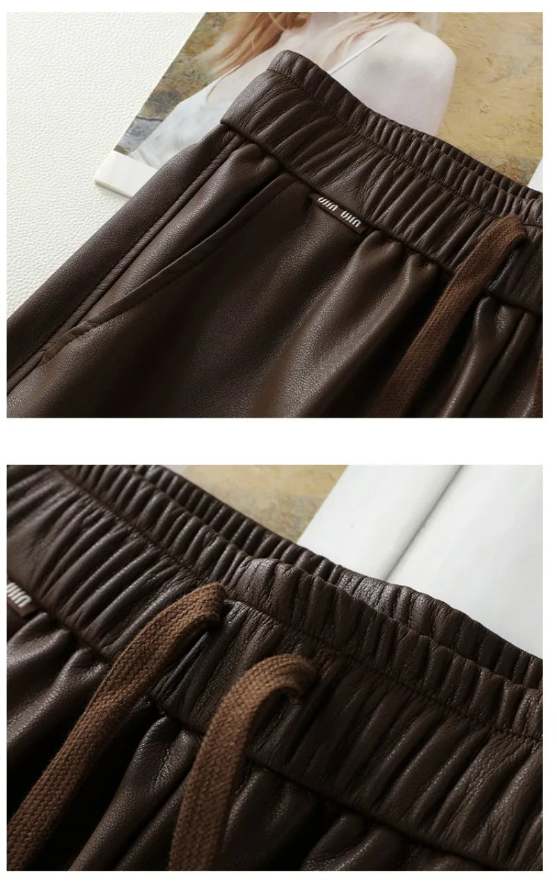 Luxury PU Leather Jogger Pants for Women – High-Waist Elastic Drawstring Wide-Leg Trousers – Comfy Chic Vegan Leather Athleisure Pants