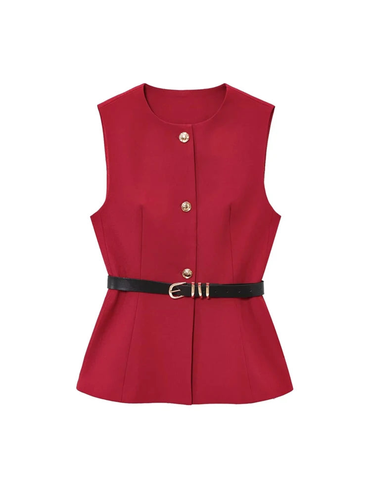 Commense Button Detail/TRZA-Women's Long Waistcoat with Belt, Front Gold Button/Fashion. Women Fashion Vintage Vest/Sleeveless Front Button Female Vest Tops With Belt