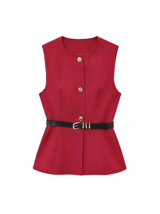 Commense Button Detail/TRZA-Women's Long Waistcoat with Belt, Front Gold Button/Fashion. Women Fashion Vintage Vest/Sleeveless Front Button Female Vest Tops With Belt