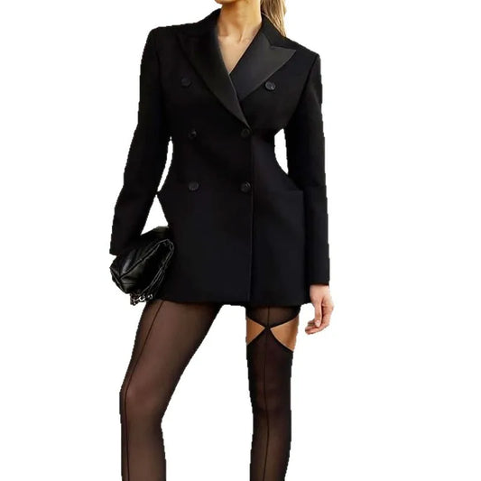 Black Tailored Blazer Dress – Double Breasted Satin Lapel Mini Dress