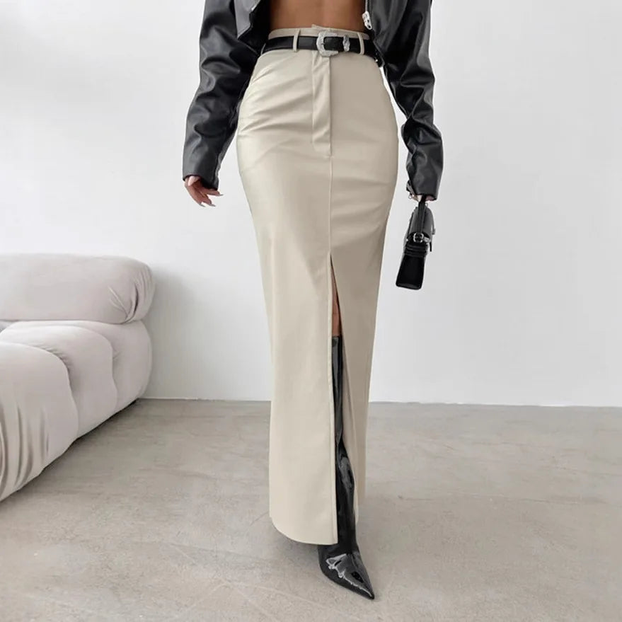 Luxury High-Waist Faux Leather Midi Skirt with Front Slit – Elegant Tailored Fit