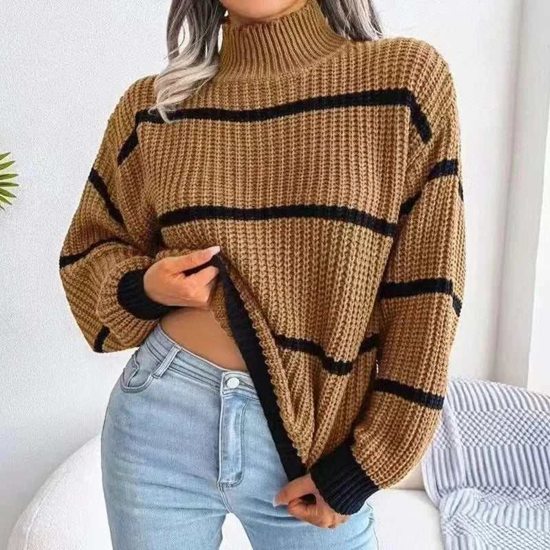 Solid Striped Pullover Turtleneck/Loose fitting Sweater/Long Sleeved Knitted Sweater/High Neck Warm Pullover Knitwears Top.