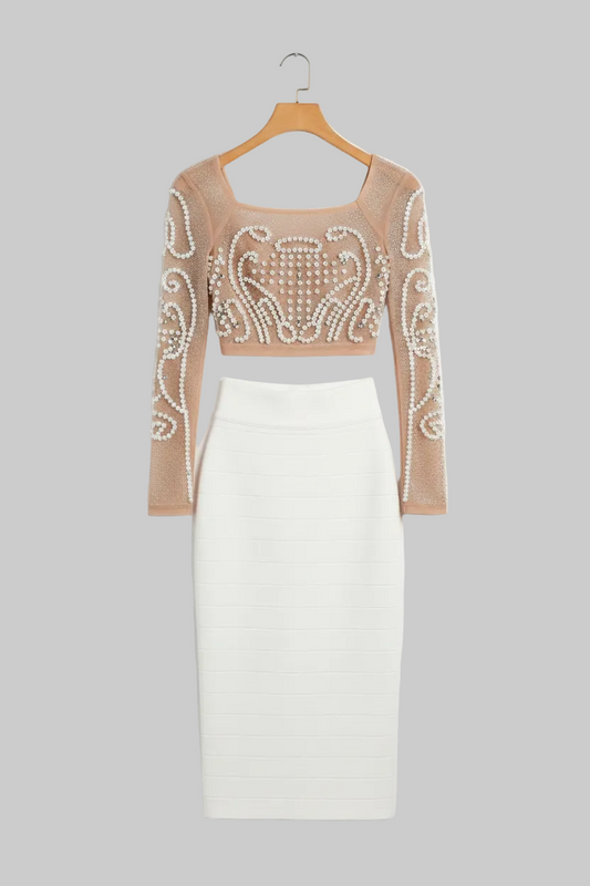 Luxe Pearl Embellished Crop Top & Midi Skirt Set