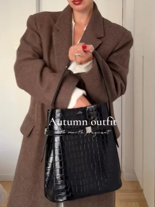 Classic Shoulder Pad Coat/Long Woolen Single Breasted Fit/Fashion Lapel/Single-breasted Long Sleeved Chic Coat/Autumn Commute Street Outerwear.