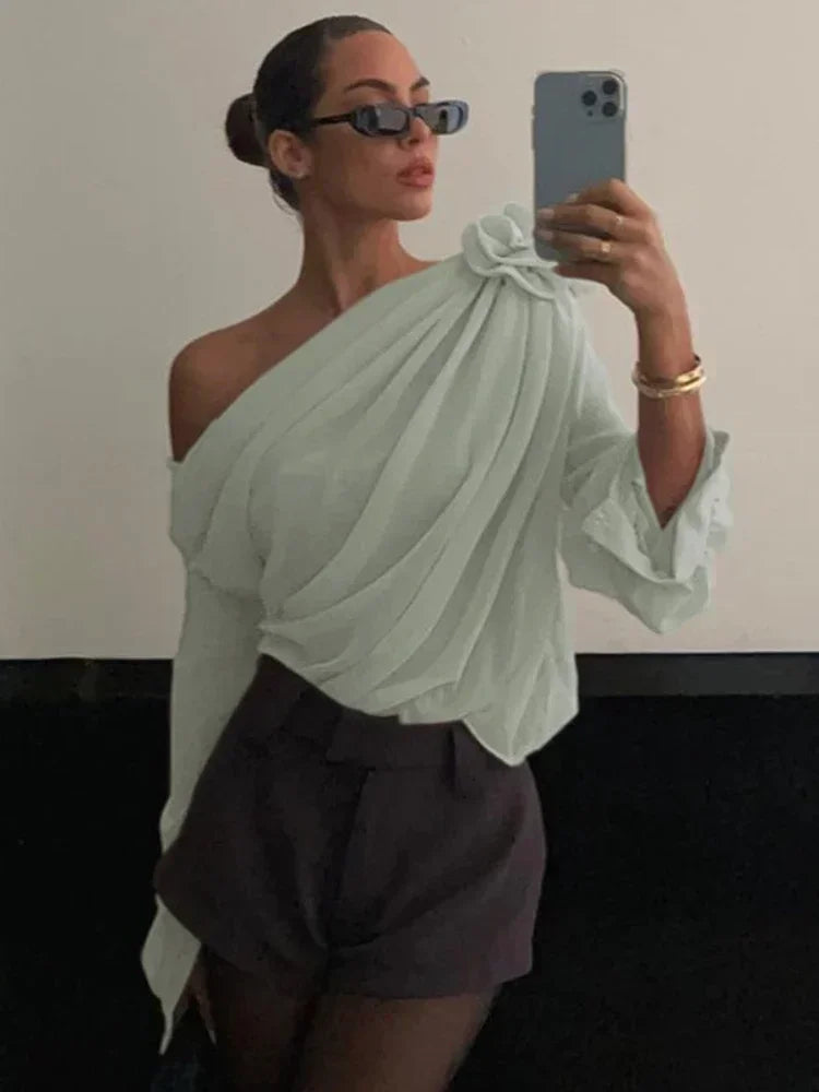 One Shoulder Pleated Asymmetrical Shirt/Long Collar Sleeve ed/Elegant Tops/Blouse Shirts Female 3D Flower Shirts Corset Top.