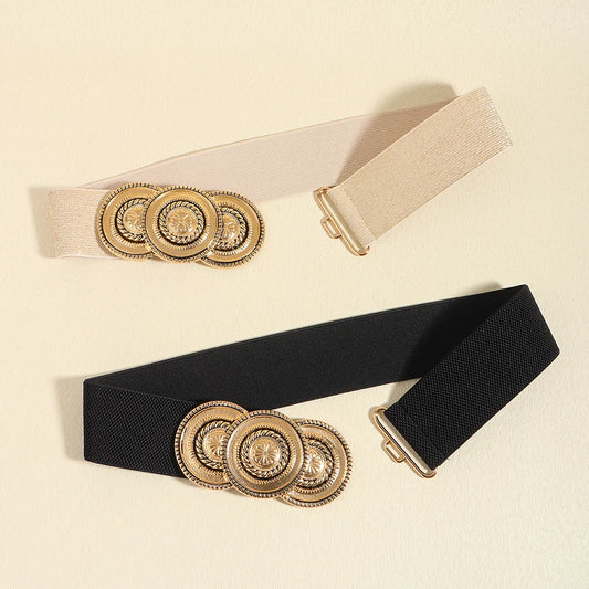 Luxury Wide Elastic Waist Belt for Women – Gold Statement Buckle Stretch Fashion Belt