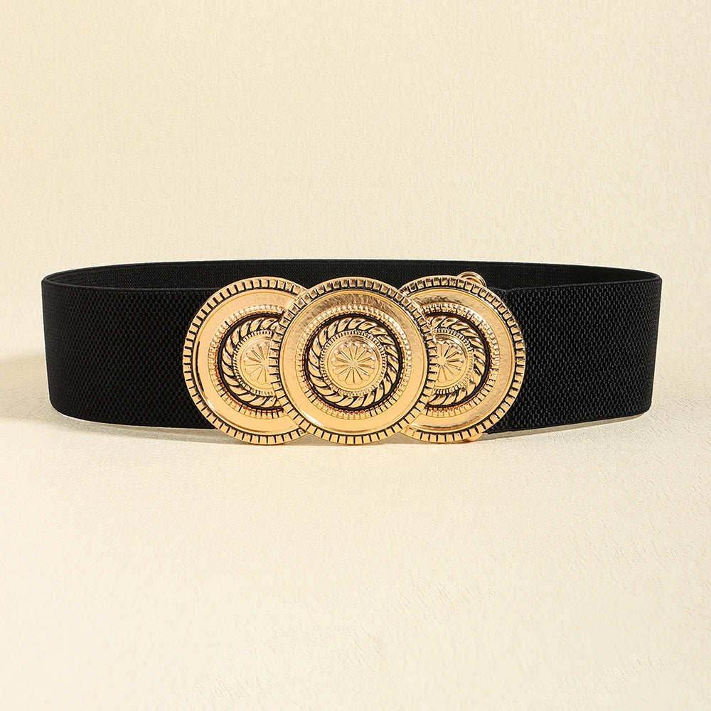 Luxury Wide Elastic Waist Belt for Women – Gold Statement Buckle Stretch Fashion Belt