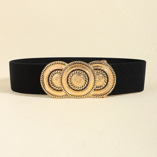 Luxury Wide Elastic Waist Belt for Women – Gold Statement Buckle Stretch Fashion Belt