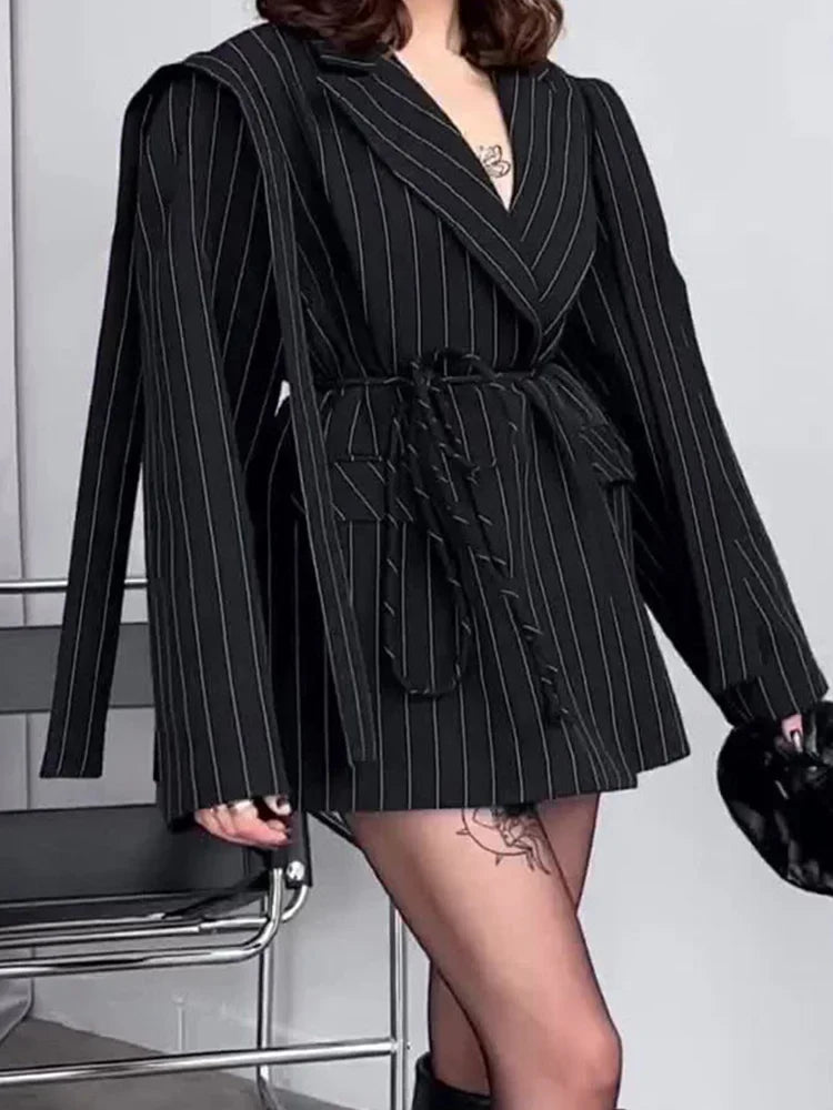 DFCF Women Elegant Loose Waist Cinching Belt Jackets Female Tailored Vintage Striped Lapel Suit Jacket