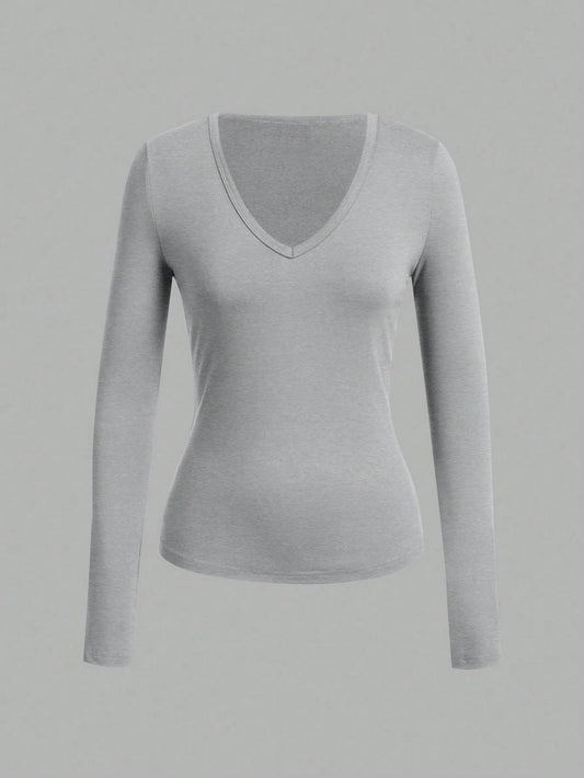 Long-Sleeve V-Neck Fitted Top – Soft Stretch Everyday Essential