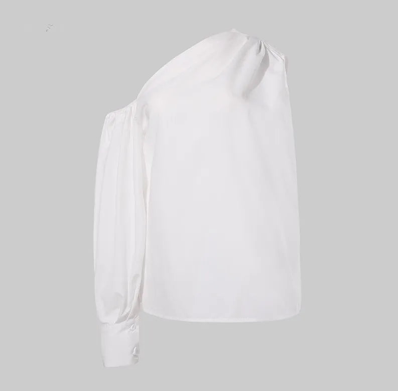 Women's Solid Color Oblique/Shoulder fit long Sleeve. For casual use/Off Shoulder design. Female Fashion Lantern Long Sleeve Shirts.