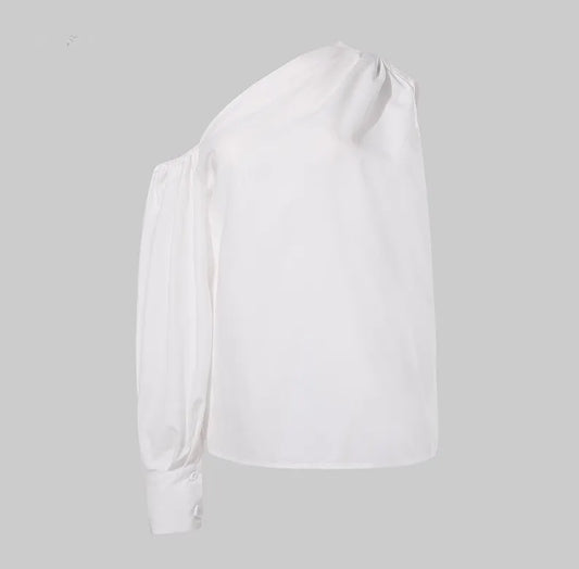 Women's Solid Color Oblique/Shoulder fit long Sleeve. For casual use/Off Shoulder design. Female Fashion Lantern Long Sleeve Shirts.