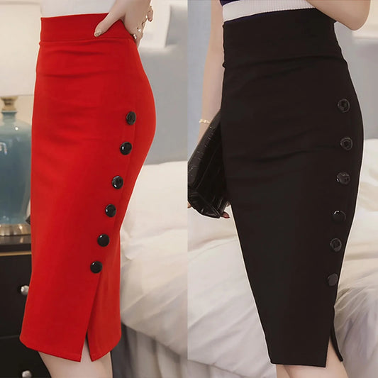 Elegant High Waist Fitted Skirt/Slit Pencil/Stretch Midi Skirts/Knee Length Fitted Skirt/Broadcloth Material.