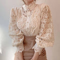 Hollow Out Long Sleeved Lace Blouse/Solid Tatting Craft Designed/Broad Clothed Single Breasted Blouse