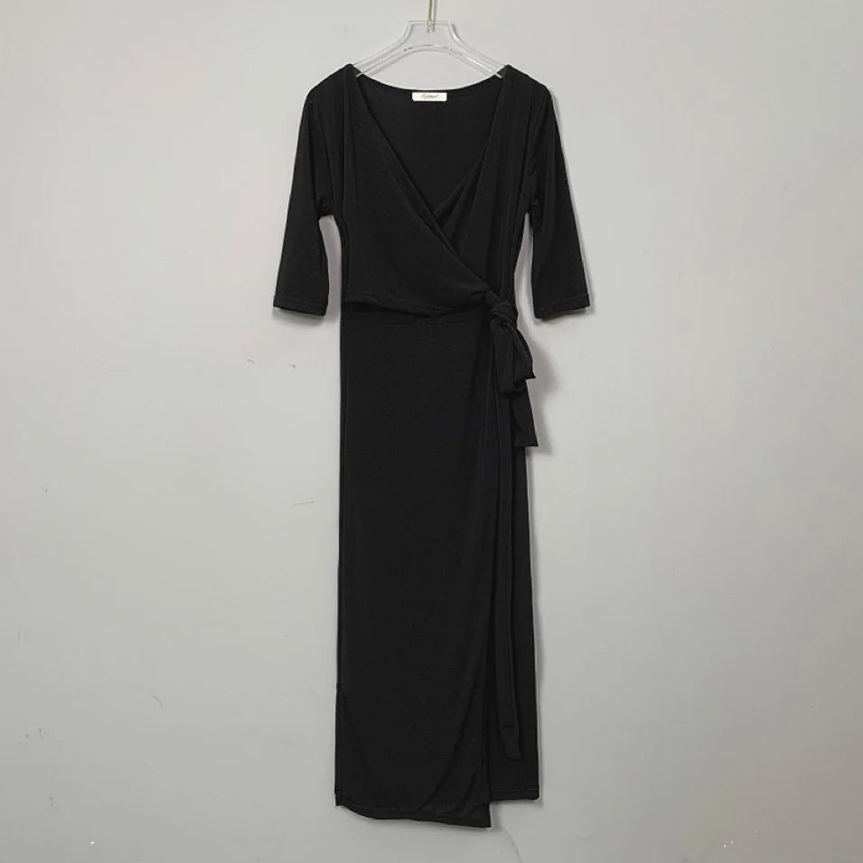 Slimming V-Neck Belted Maxi Dress.