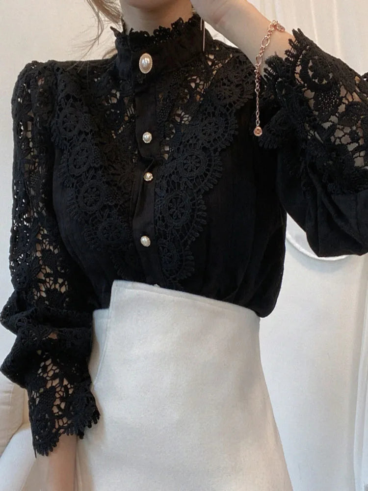 Hollow Out Long Sleeved Lace Blouse/Solid Tatting Craft Designed/Broad Clothed Single Breasted Blouse
